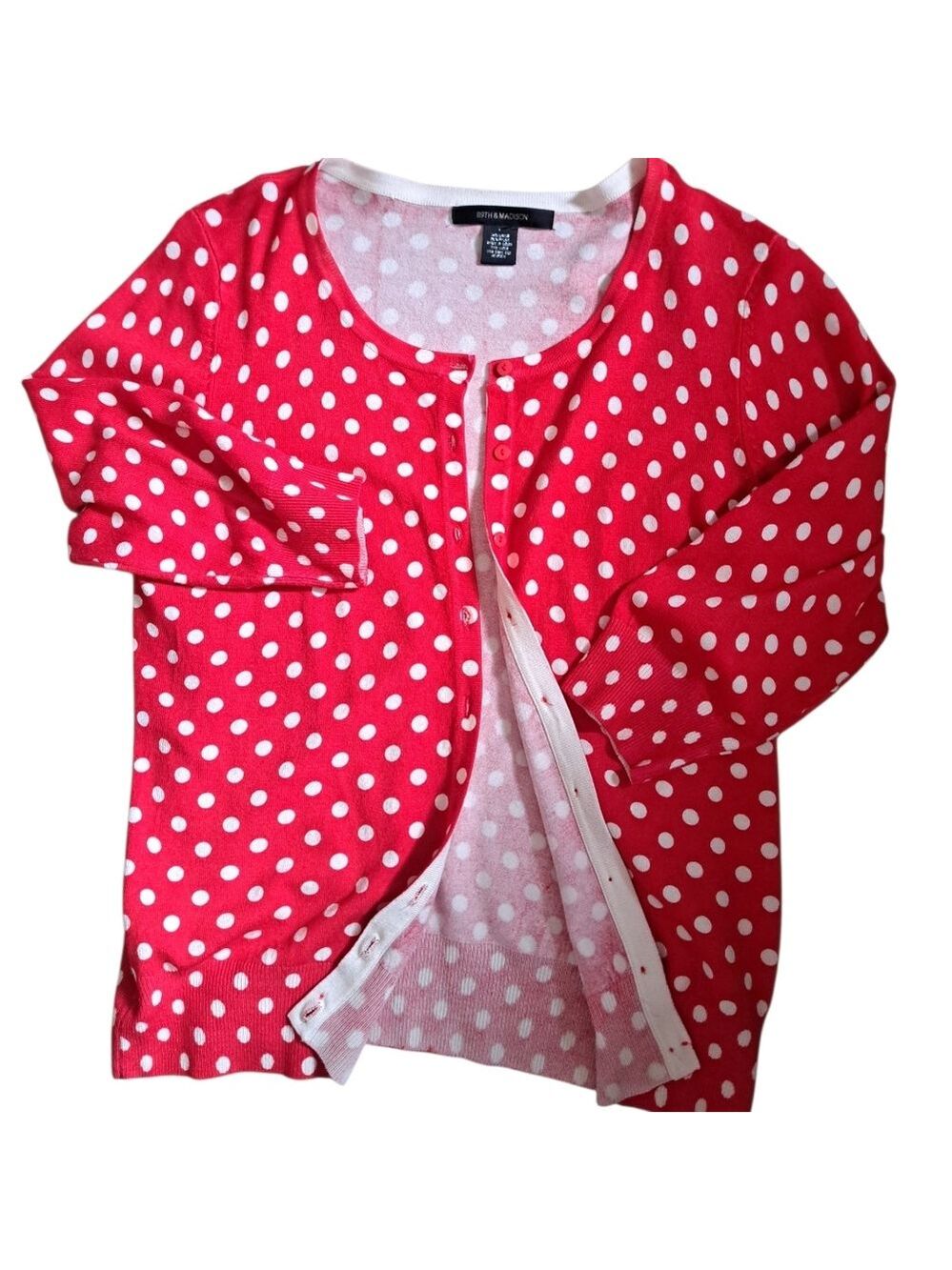 89th & Madison Red White POLKA DOT Button Front Cardigan coastal Lightweight LG